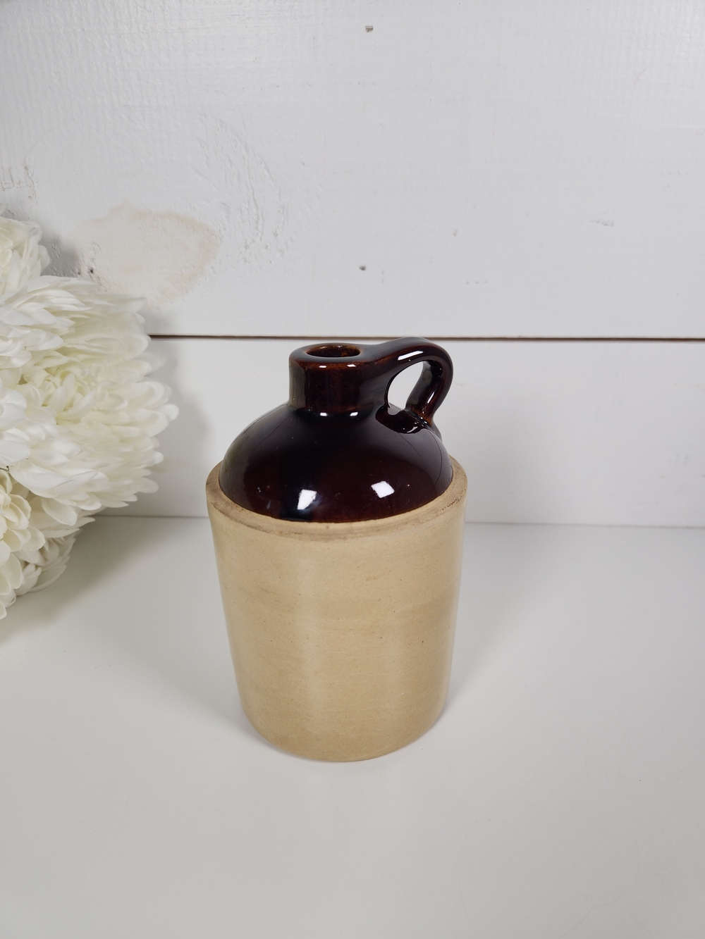 Small Vintage Brown & Beige Stoneware Pottery Jug  | Rustic Farmhouse Decor